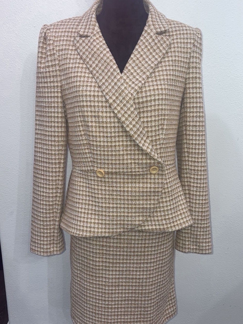 Source Unknown Beige Houndstooth Double-Breasted Blazer